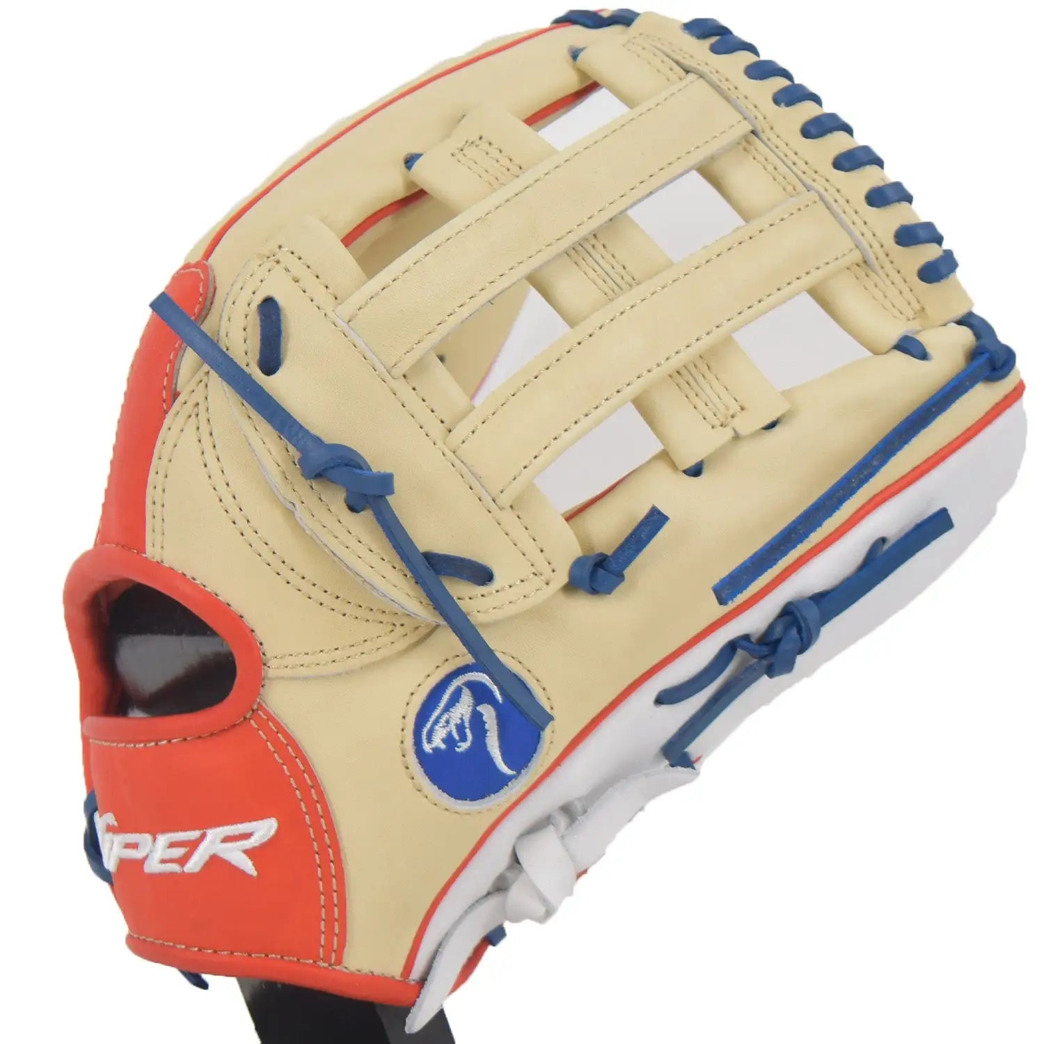 Kelly's Ultimate Sports Viper Japanese Kip Leather Slowpitch Softball Fielding Glove Tan Red Blue White