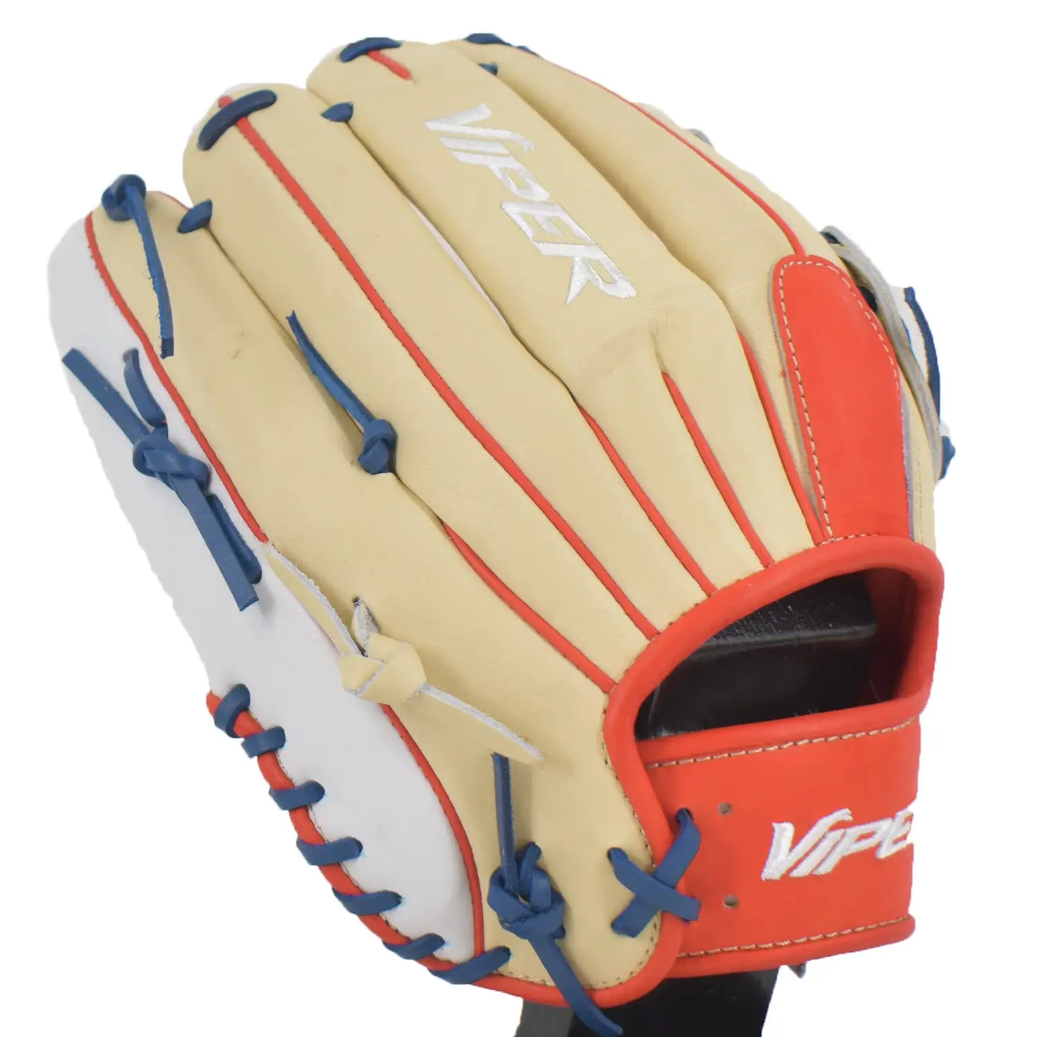 Kelly's Ultimate Sports Viper Japanese Kip Leather Slowpitch Softball Fielding Glove Tan Red Blue White - Image 2
