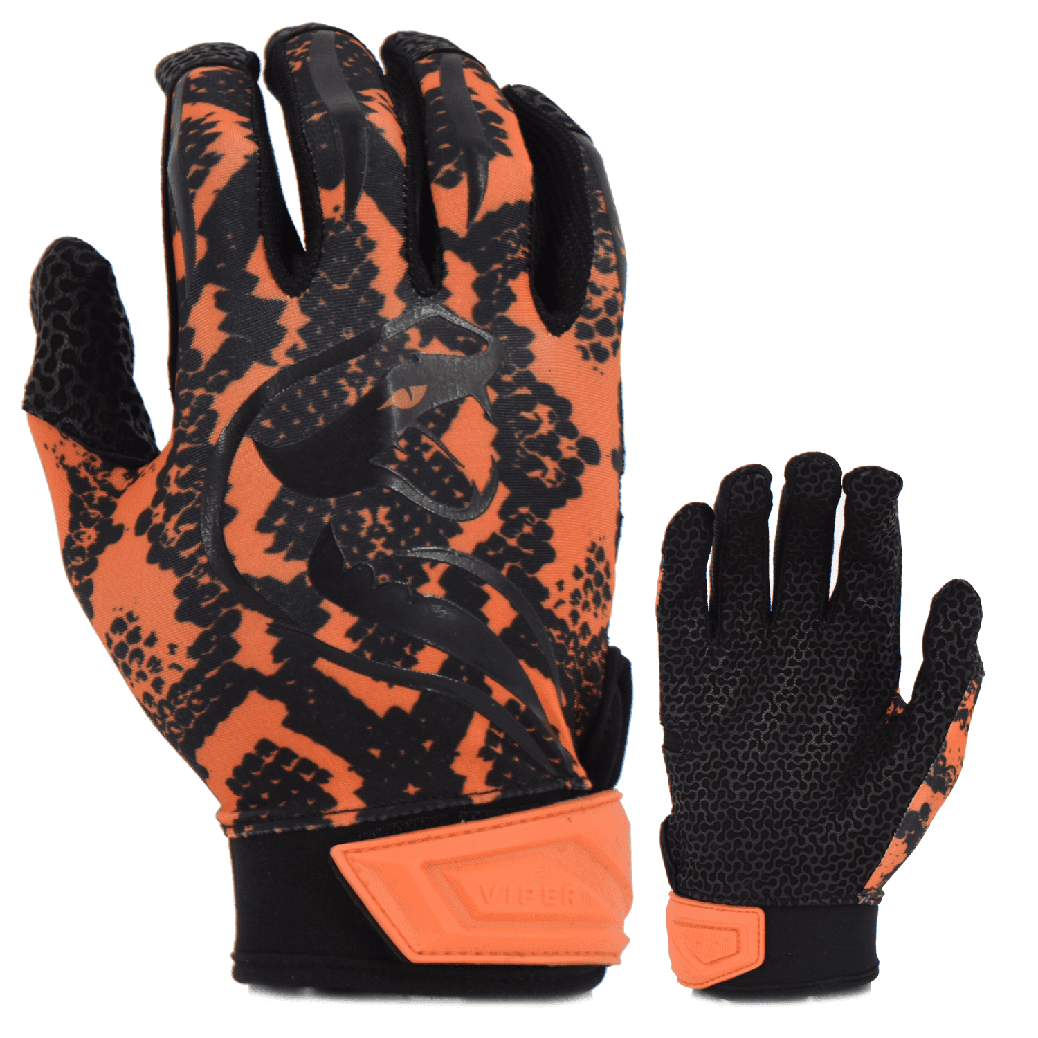 Kelly's Ultimate Sports Viper Lite Premium Batting Gloves Leather Palm - Viper Skin Edition - Orange/Black